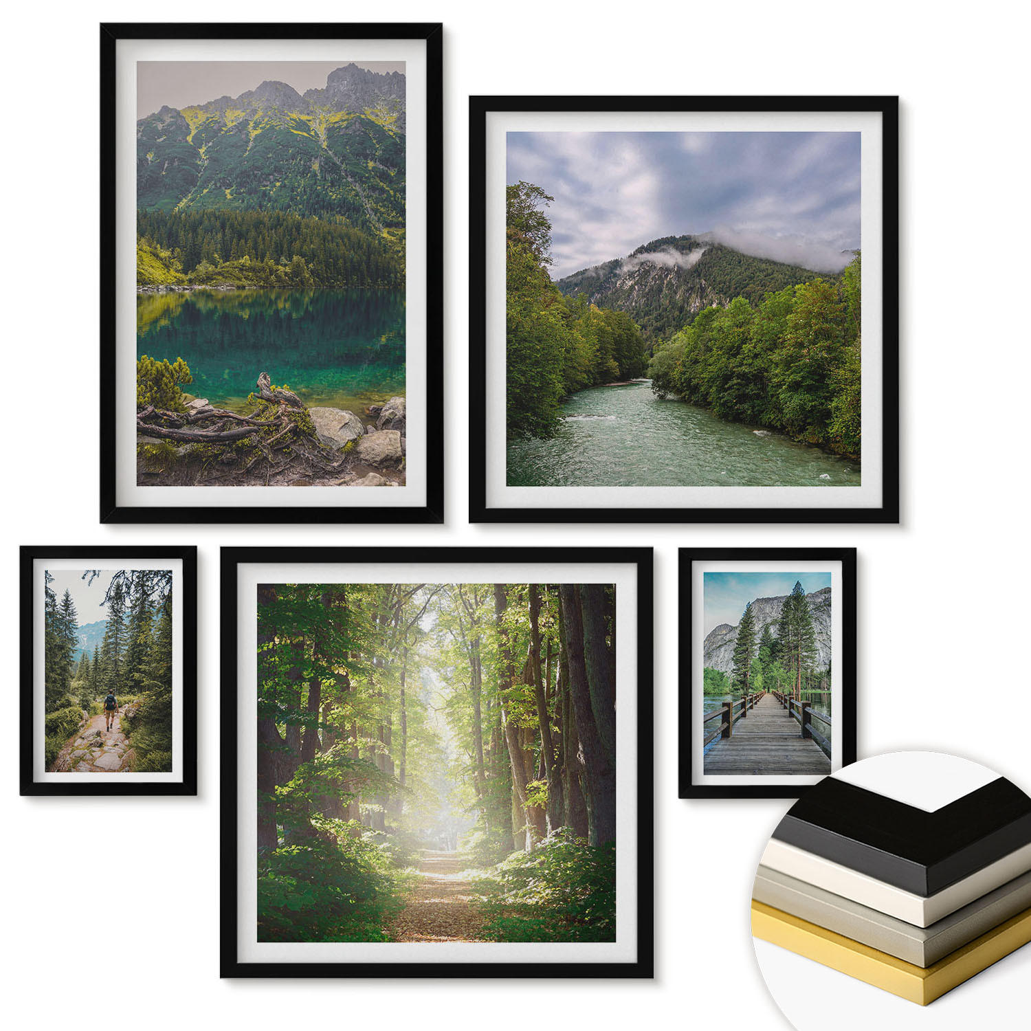 WANDBILDER 5er-Set - 50x50 cm & 20x30 cm & 40x60 cm Schwarzer Rahmen - Straße Wald Berge Hirsch Natur - Schwarz, Kunststoff (40/60cm) - ArtPrintCave