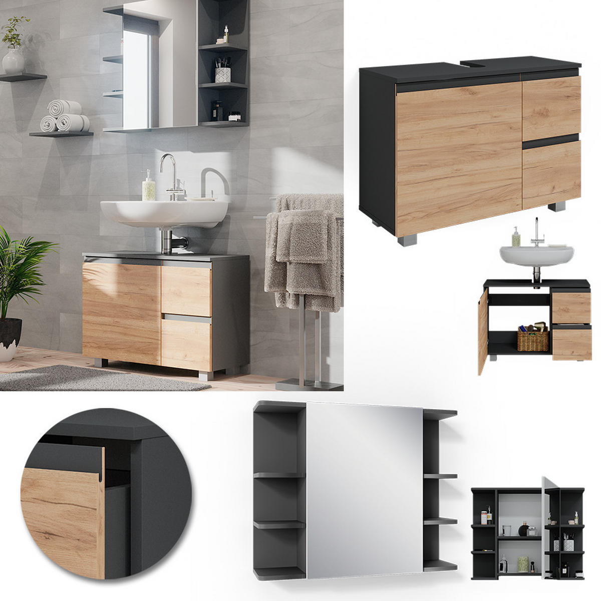 SADA NÁBYTKU DO KOUPELNY J-Shape Šedá - šedá, kompozitní dřevo (80/60/33cm) - Vicco