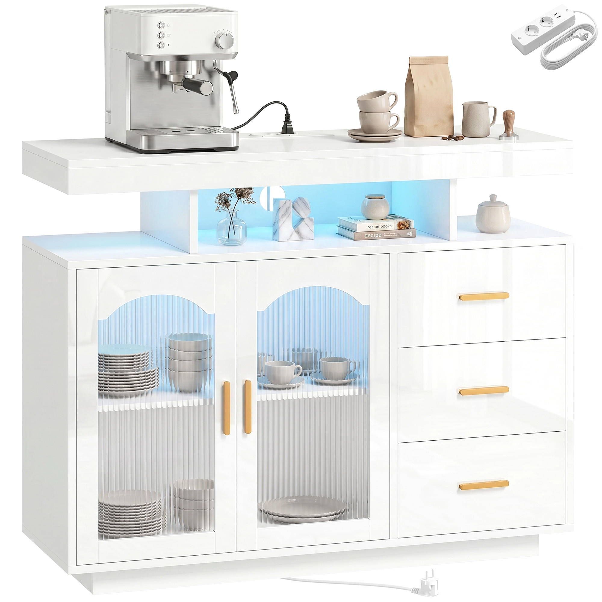 SIDEBOARD Hochglanz Weiß mit LED-Beleuchtung und Steckdosen - Weiß, Holzwerkstoff (100/80/35cm) - PANGIVO