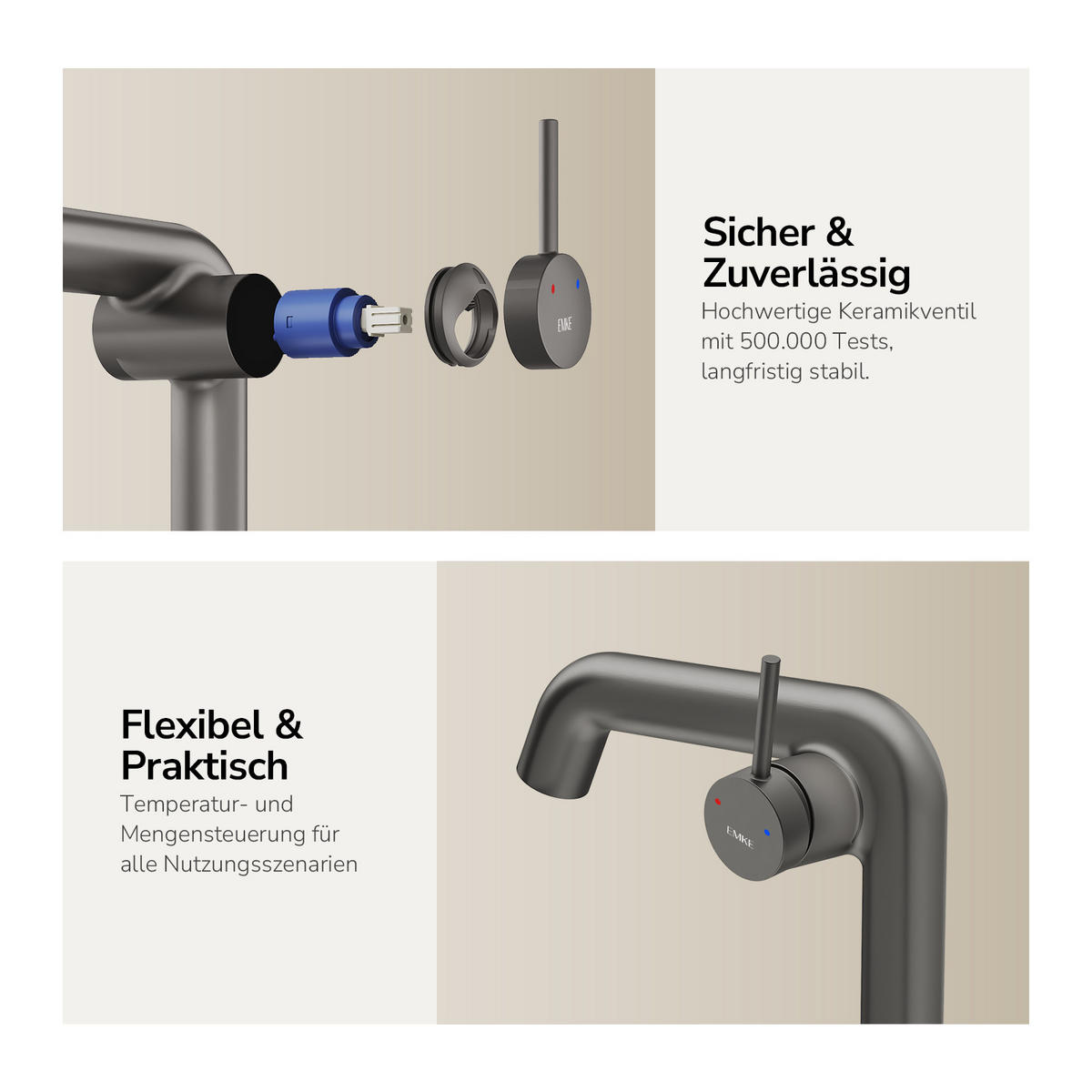 WASCHTISCHARMATUR Ventilkernzertifizierung Anthrazit Matt 15cm - Anthrazit, Metall (20/7.6/22.2cm) - EMKE