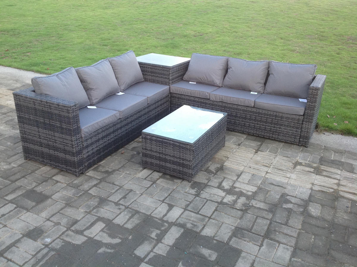 LOUNGESOFA Polyrattan 6-Sitzer - Dunkelgrau/Grau, Glas/Kunststoff - Fimous