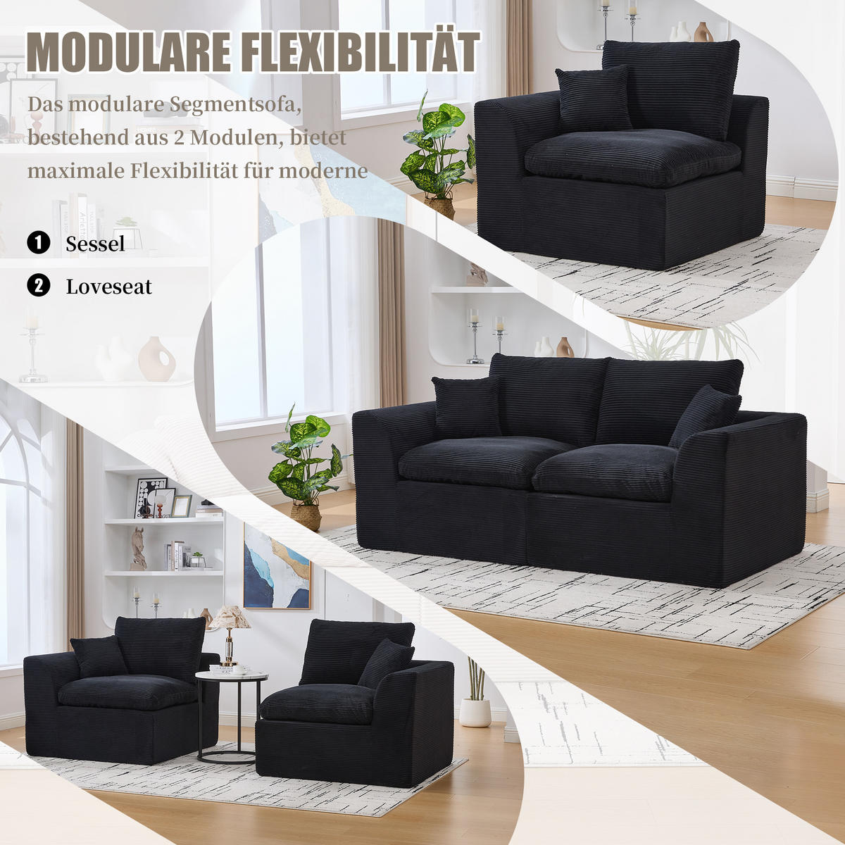 2-SITZER SOFA Cord Schwarz mit Kissen - Schwarz, Textil (204/84/102.5cm) - WISHDOR