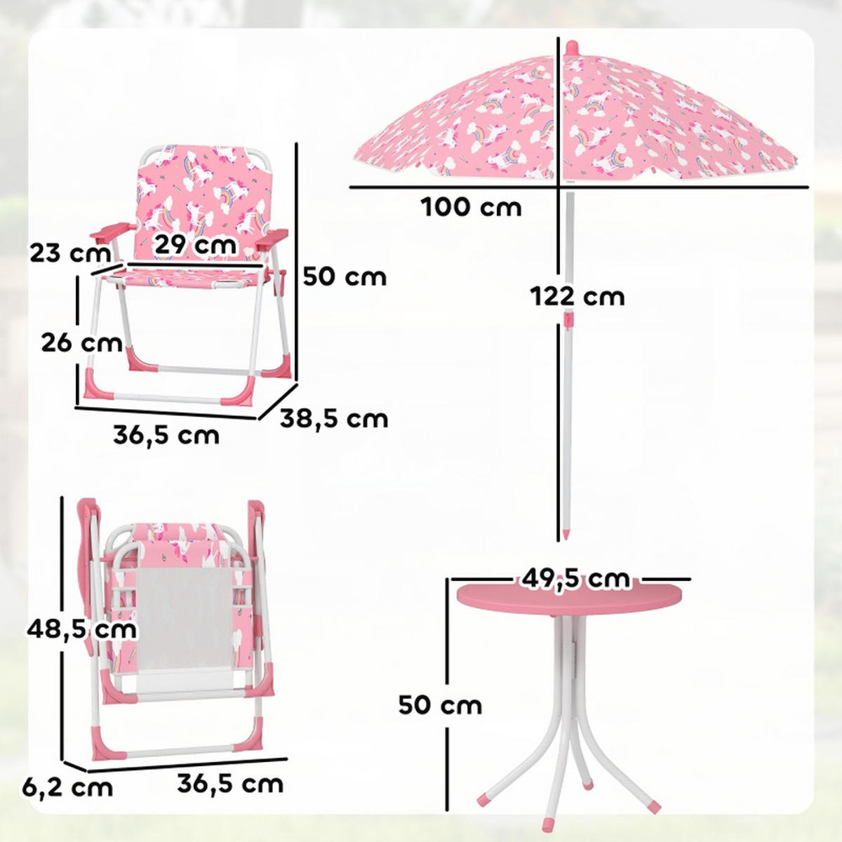 KINDER-GARTENMÖBEL 4-tlg Kindersitzgruppe Rosa mit Sonnenschirm Kindertisch und 2 Klappstühle - Rosa, Textil - Raelunyi