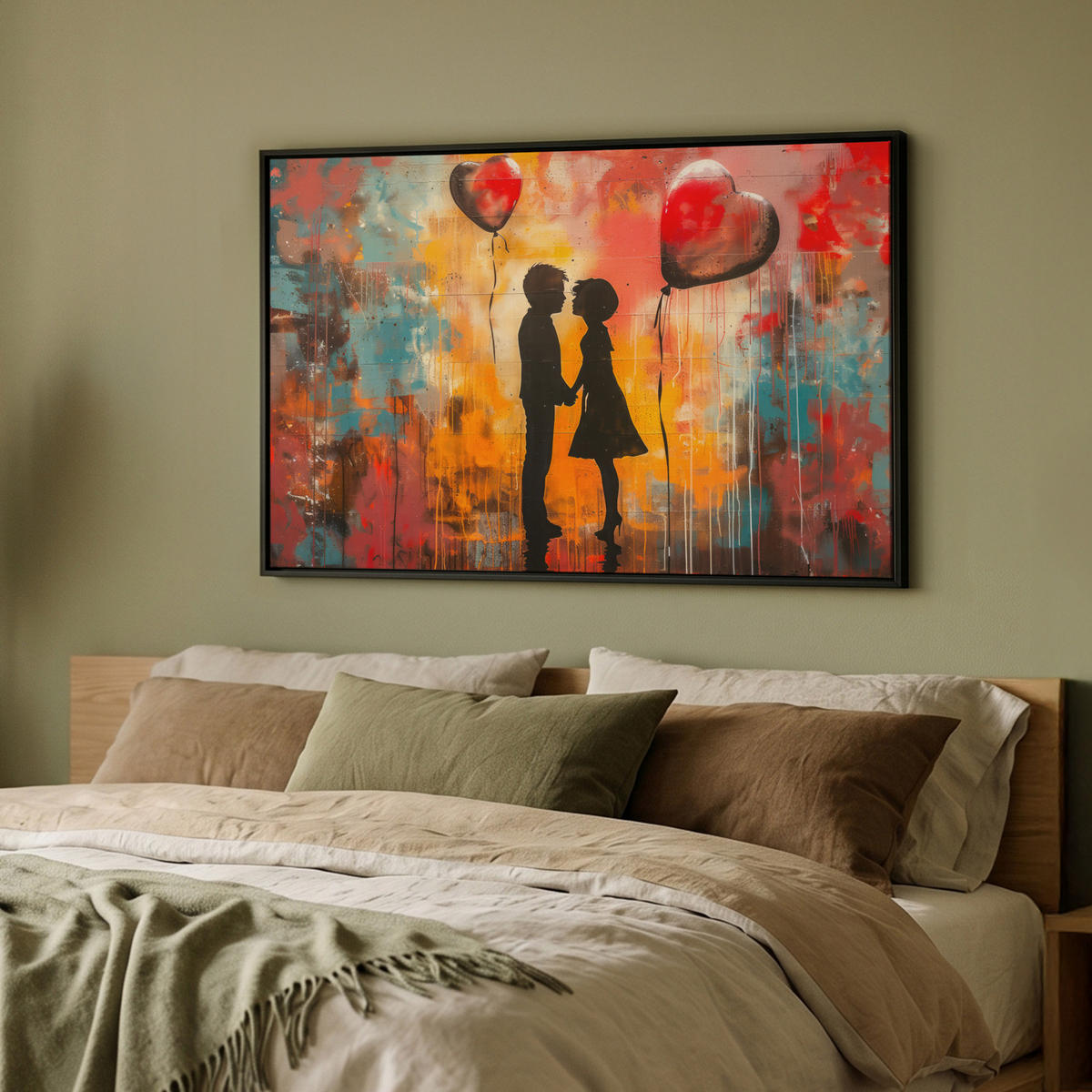 LEINWAND Bilder mit Rahmen - Straßenkunst - Liebe - Graffiti - Kunst - Banksy - 90x60 - Orange, Textil (90/60cm) - MuchoWow