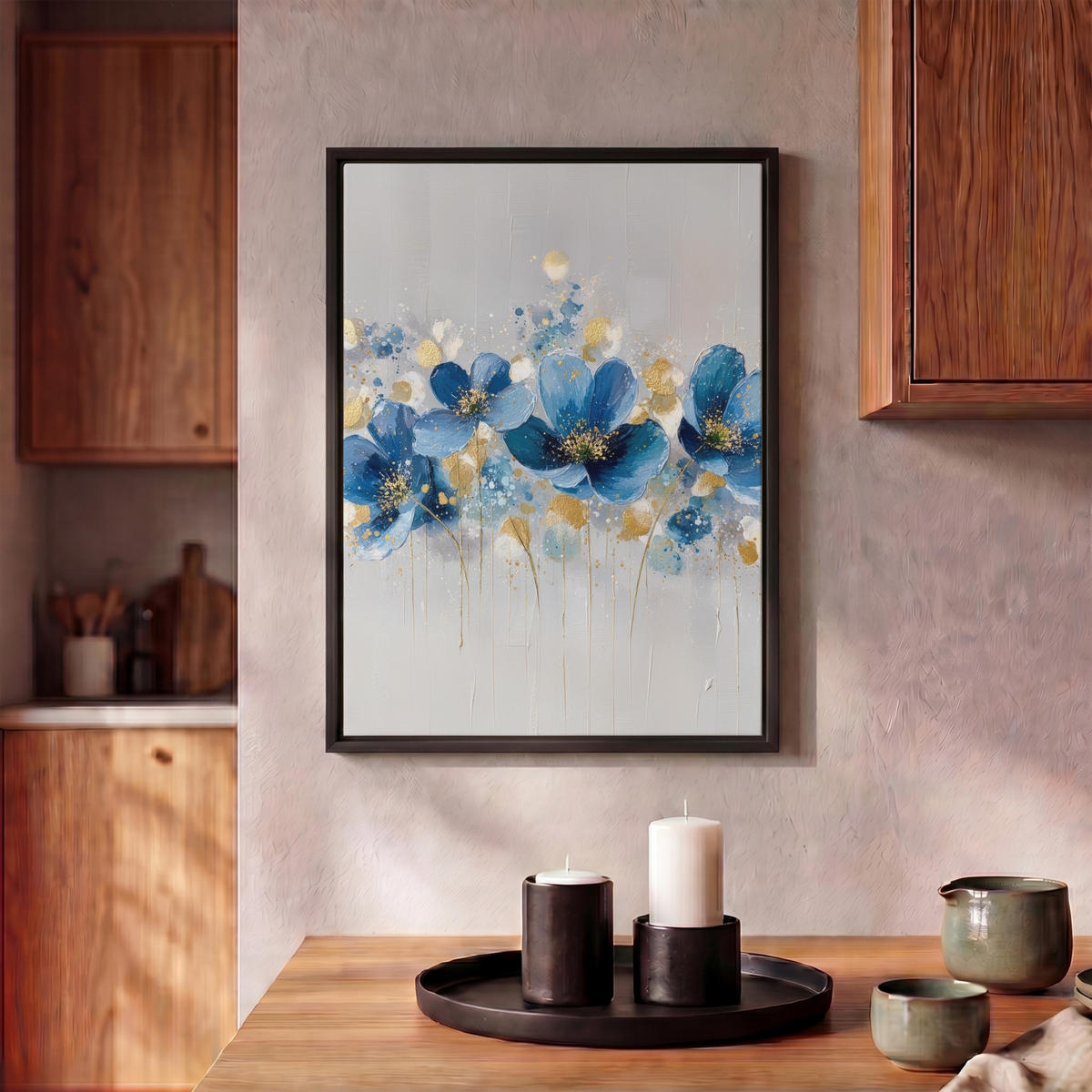 LEINWAND Bilder mit Rahmen - Blumen - Blau - Abstrakt - 30x40 - Hellgrau, Textil (30/40cm) - MuchoWow