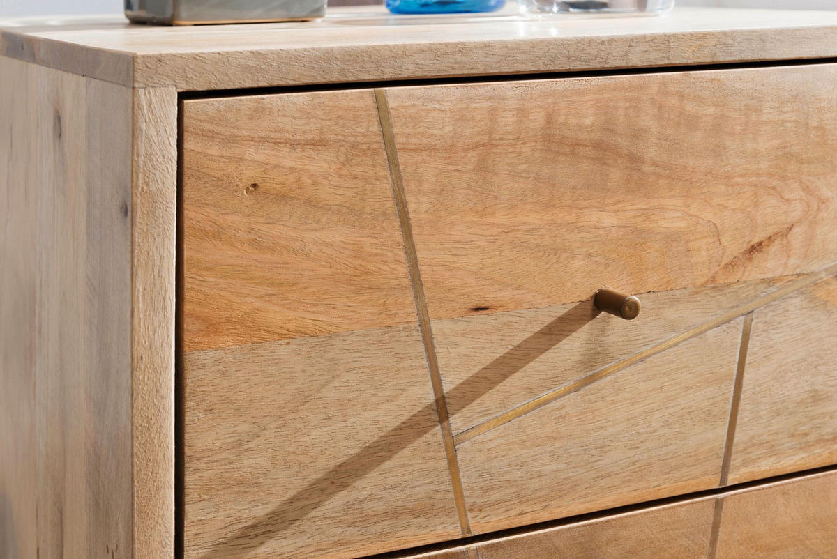 NACHTTISCH – Mango Massivholz, Metallstreifen, rustikal, Farbverlauf - Goldfarben/Braun, Holz/Metall (40/56/40cm) - KADIMA DESIGN