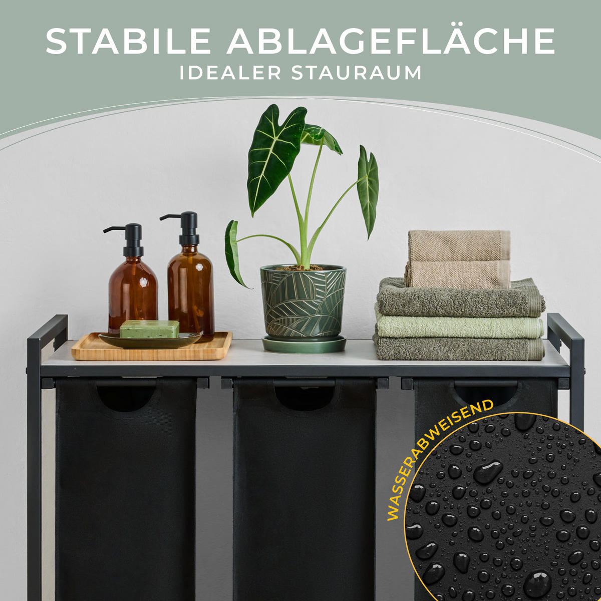 WÄSCHESAMMLER 3 Fächer Schwarz - Wäschekorb mit Ablage in Beton-Optik - Wäschesortierer 3 Fächer - Schwarz, Textil (83.5/73/36cm) - Blumtal