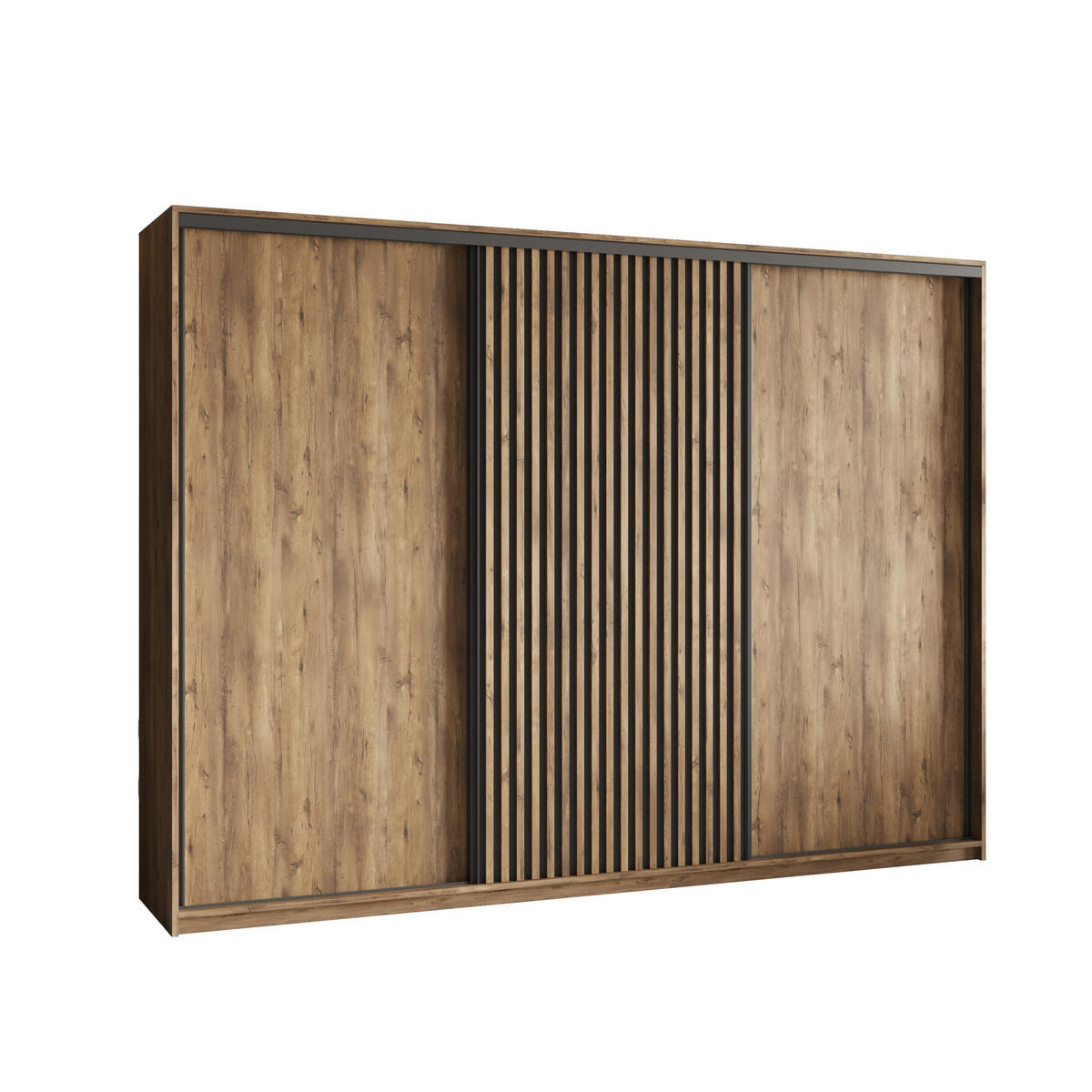 SCHWEBETÜRENSCHRANK VONTE 270/205/60 cm 3-türig mit Lamellen Eiche Lefkas - Eichefarben/Schwarz, Holzwerkstoff (270/205/60cm) - MASSENO