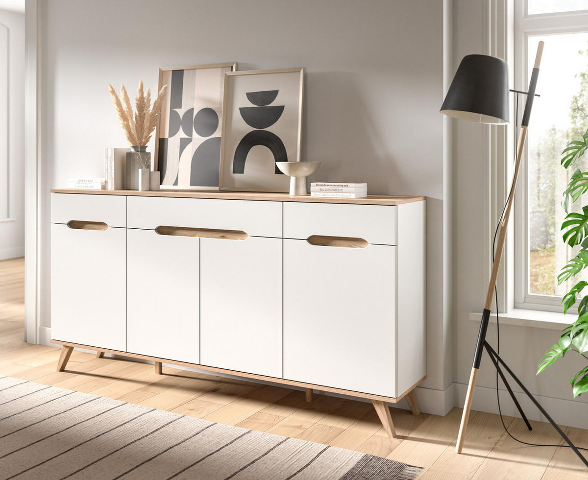 SIDEBOARD weiß, Eiche 185 cm, Kommode mit Soft-Close-Funktion - Eichefarben/Weiß, Holzwerkstoff/Metall (185/95/40cm) - Inn.Furn