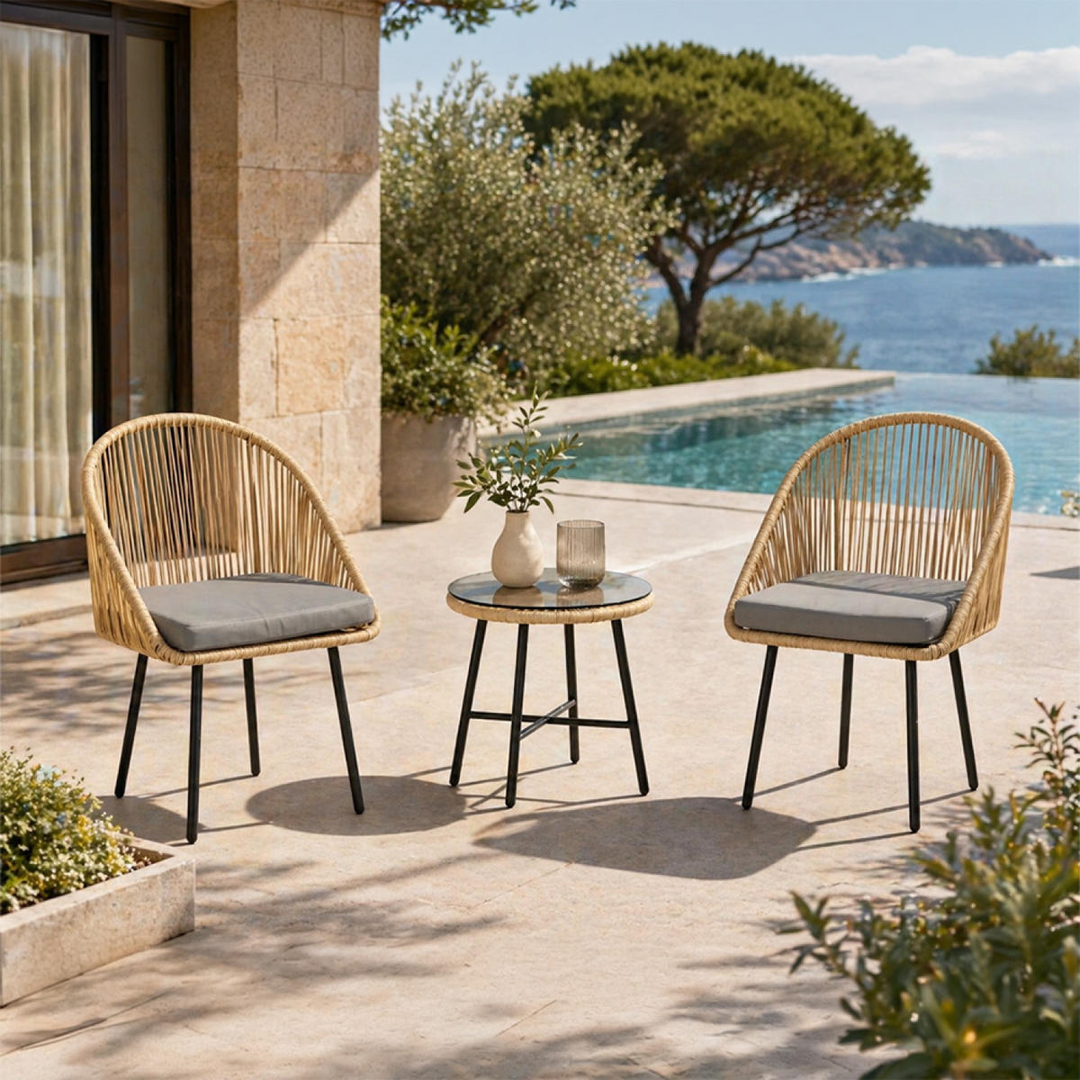 GARTENMÖBEL-SET Ipanema schwarz 2-Sitzer mit rundem Tisch - Schwarz, Metall - Concept Usine
