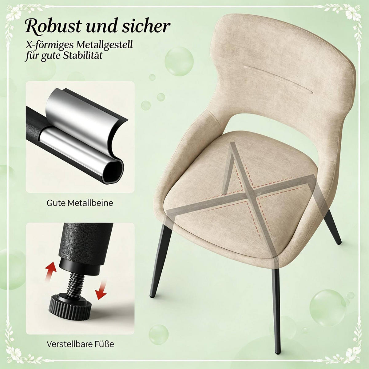 ESSSTUHL 2er-Set Chenille Khaki 43 x 40 x 86 cm - Beige, Metall (40/86/43.3cm) - Meubliv