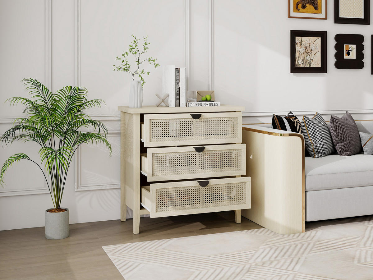 KOMMODE mit 3 Schubladen, Naturholzoptik & Rattan Fronten - Beige, Holzwerkstoff (80/80/40cm) - Urban Meuble