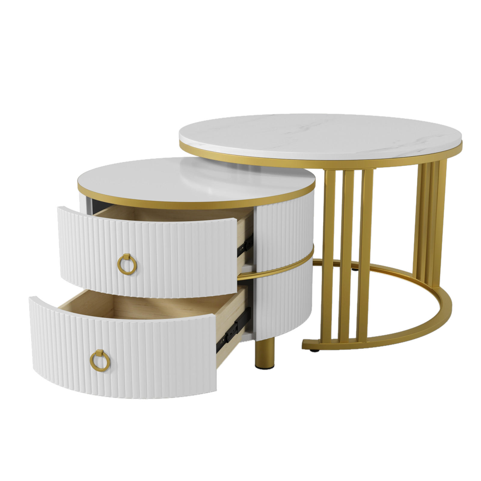 COUCHTISCH 2er Set rund MDF Marmoroptik - Weiß, Holz (70/70/46cm) - LEBENLANG