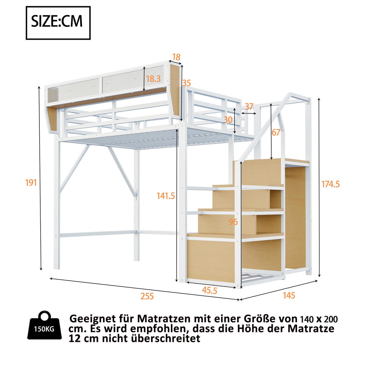 HOCHBETT 140/200 cm aus Metall mit Ablagefach und Leiter, Weiß - Weiß, Metall (140/200cm) - OKMYHOME