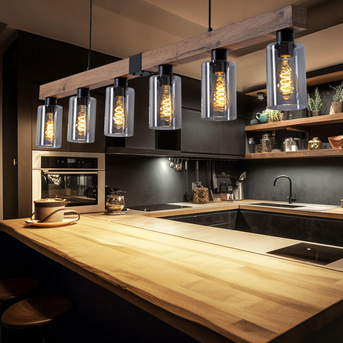 HÄNGELEUCHTE HADERA Metall Schwarz Holzoptik - Schwarz, Glas (140/10/120cm) - Globo Lighting