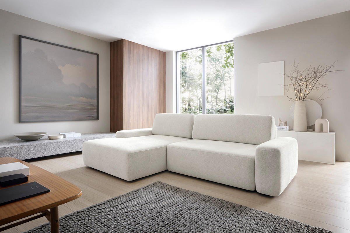 ECKSOFA BOULI 4-Sitzer Polstersofa Raven mit Schlaffunktion 130x210cm Bettzeugablage 264x162x82cm linksseitig Farbe: beige - Beige, Holz/Textil (162/264cm) - DomoHome