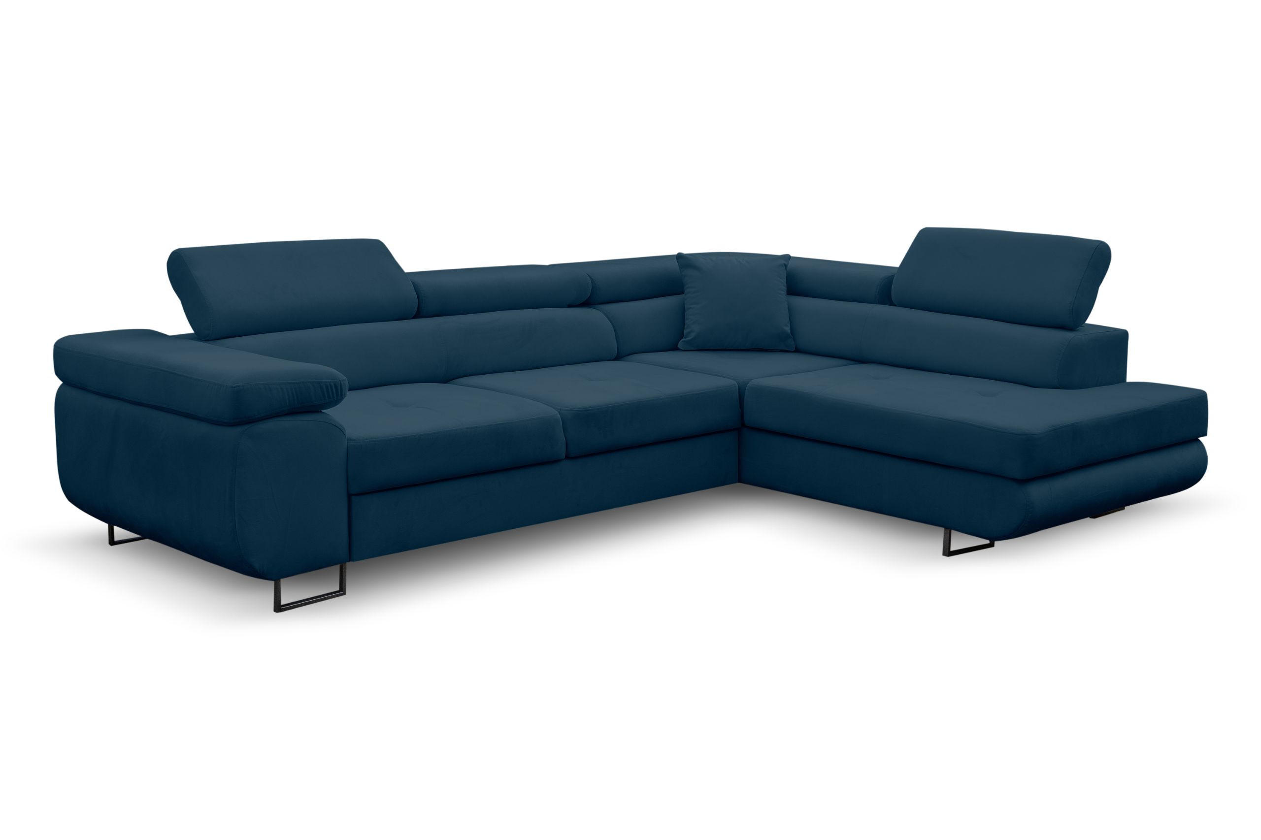 ECKSOFA Jerry in L-Form mit Schlaffunktion und Bettkasten, Farbe: Blau, Veloursstoff, Ottomane Rechts - Blau, Textil (275/202cm) - VENASI MÖBEL