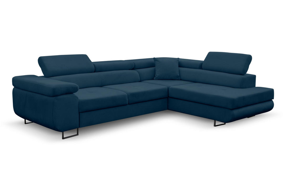 ECKSOFA Jerry in L-Form mit Schlaffunktion und Bettkasten, Farbe: Blau, Veloursstoff, Ottomane Rechts - Blau, Textil (275/202cm) - VENASI MÖBEL