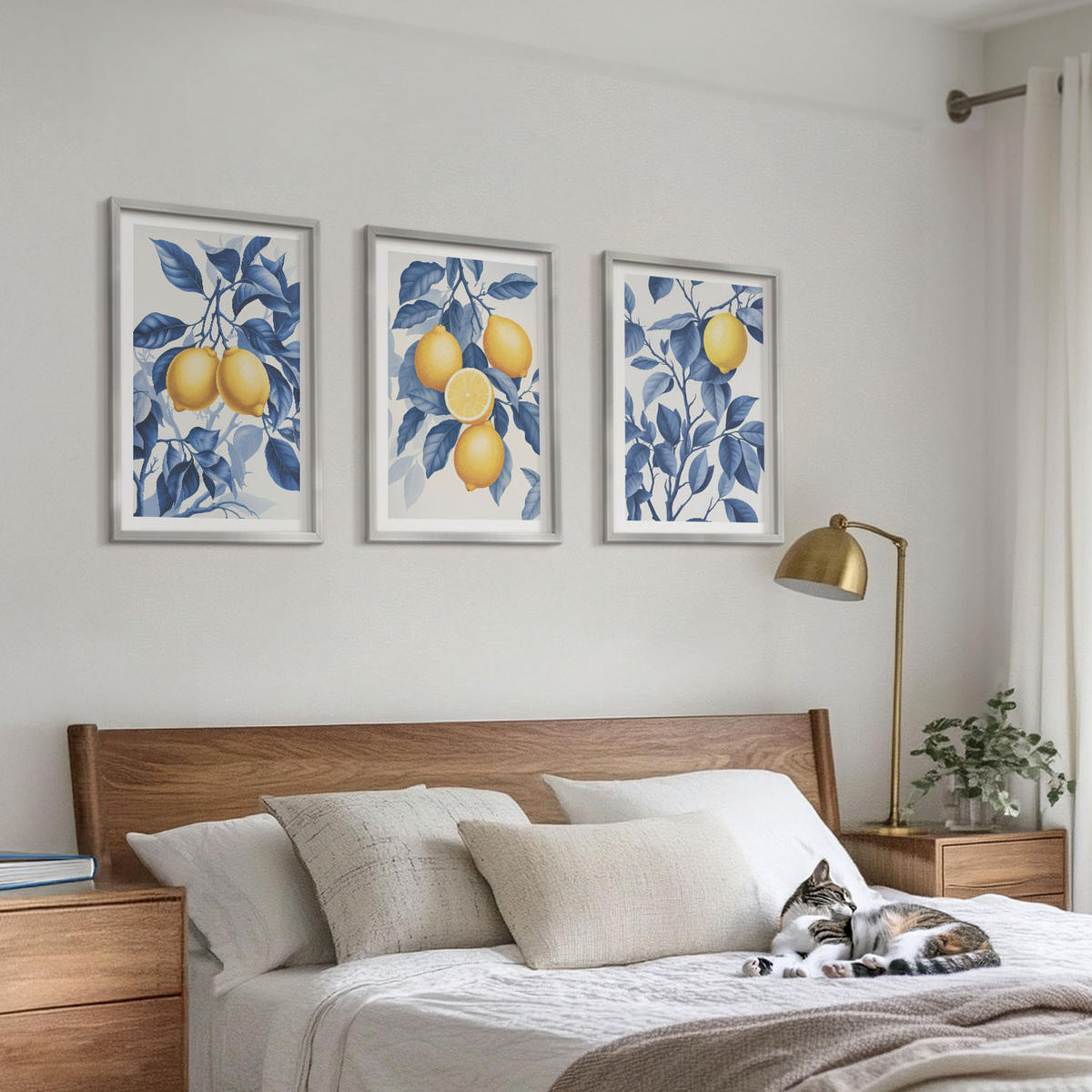 WANDBILDER 3er Set - 40x60 cm Silberner Rahmen - Zitronenzweige mit blauen Blättern - Silberfarben, Kunststoff (40/60cm) - ArtPrintCave