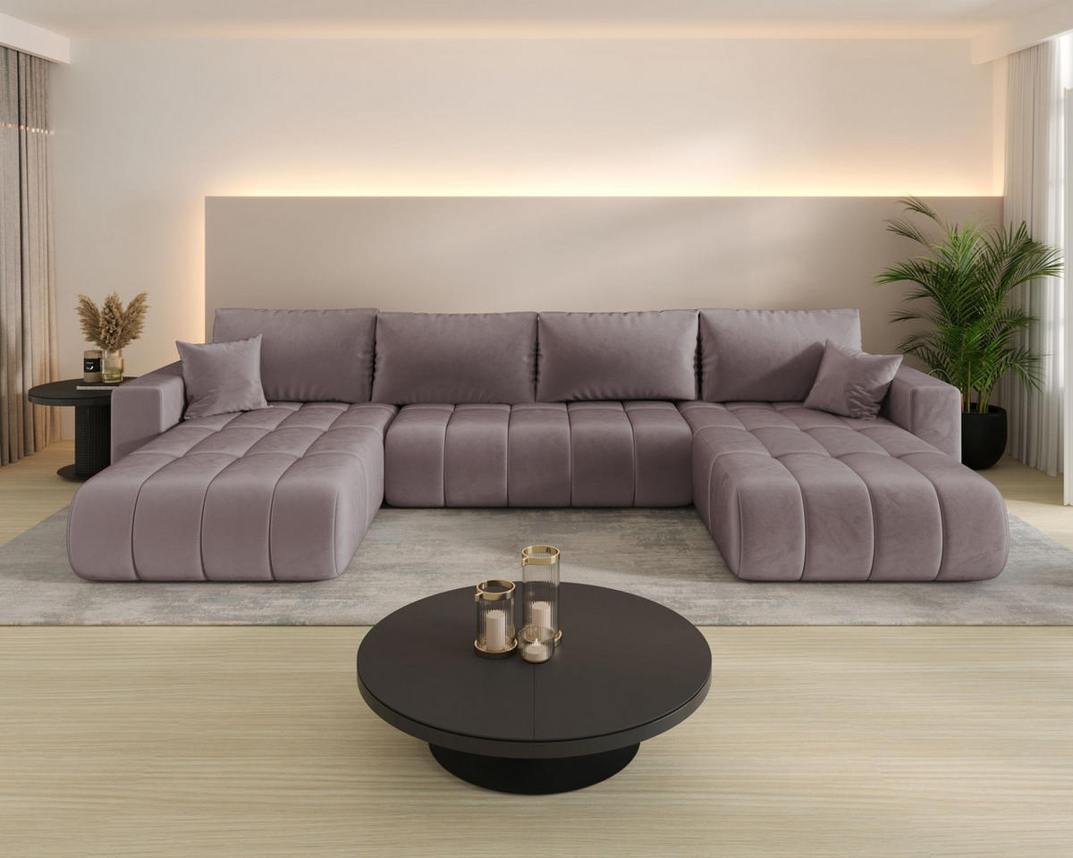 ECKSOFA LARA PREMIUM U-Form dunkelrosa Velours Monolith 62 - Schlaffunktion, Bettkasten - Pink, Textil (385/175cm) - Cornero