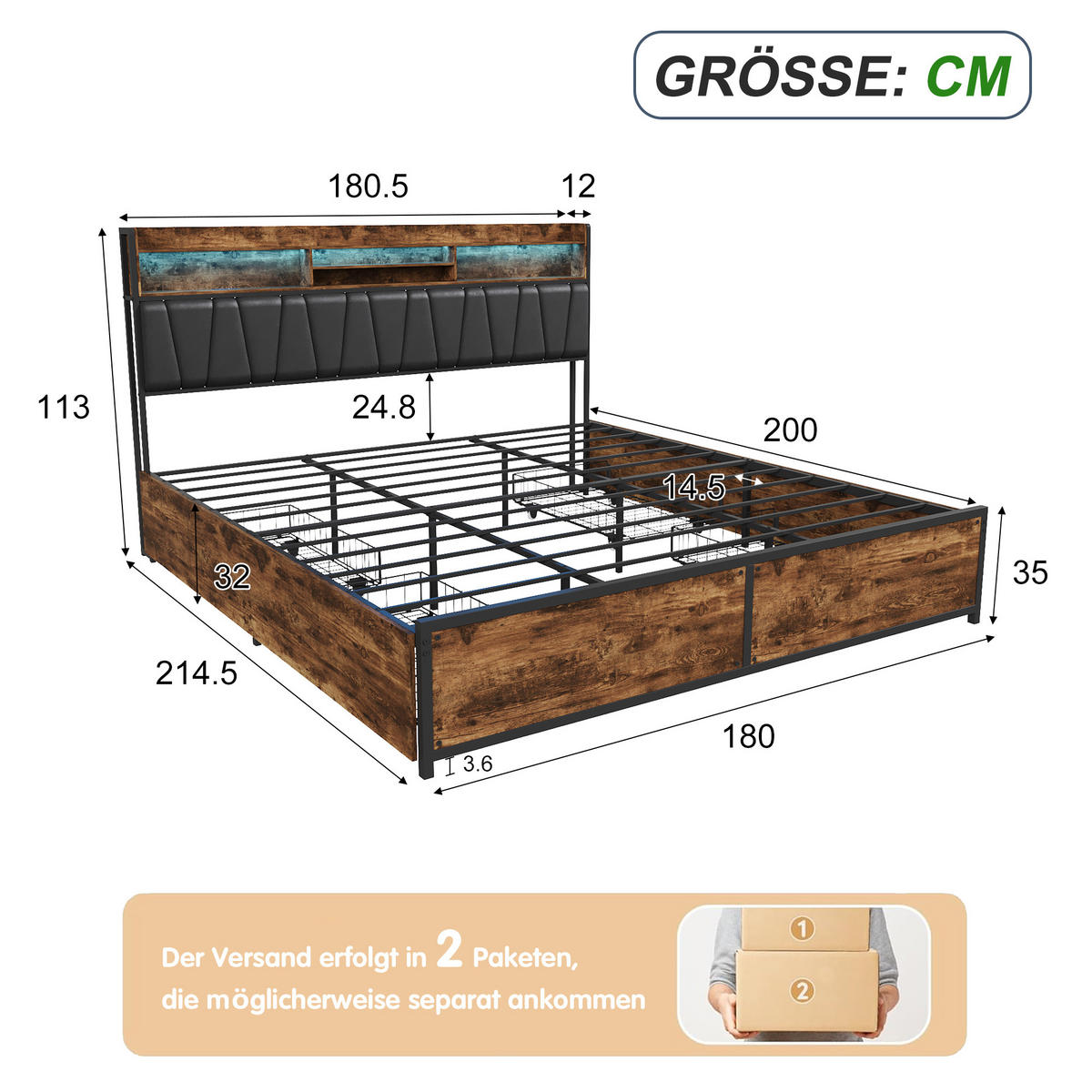 POLSTERBETT 180x200 cm, 4 Stauraumschubladen, LED-Leiste, Doppel-USB, in Braun - Braun, Holz (180/200cm) - BRILVERDE