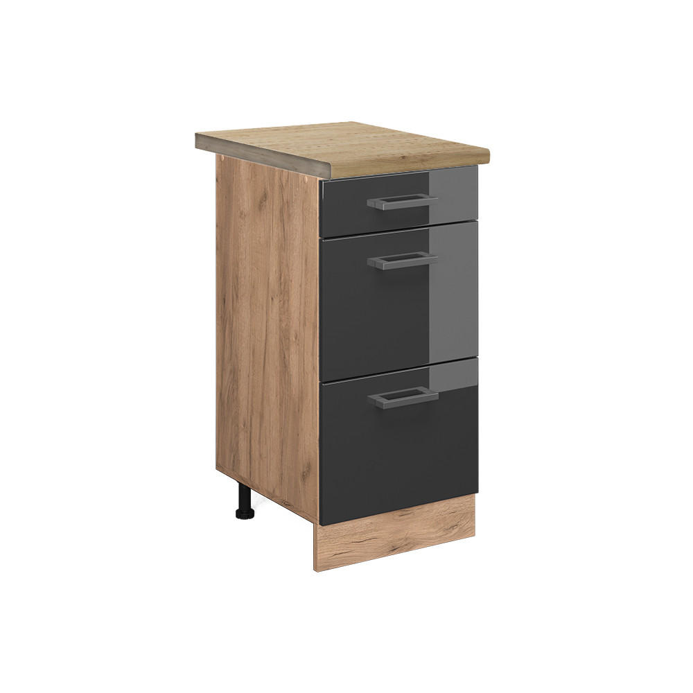 KÜCHENUNTERSCHRANK R-Line Anthrazit Hochglanz 40 cm mit Schubladen AP Eiche - Anthrazit/Eiche Wotan, Holzwerkstoff (40/81.6/60cm) - Vicco
