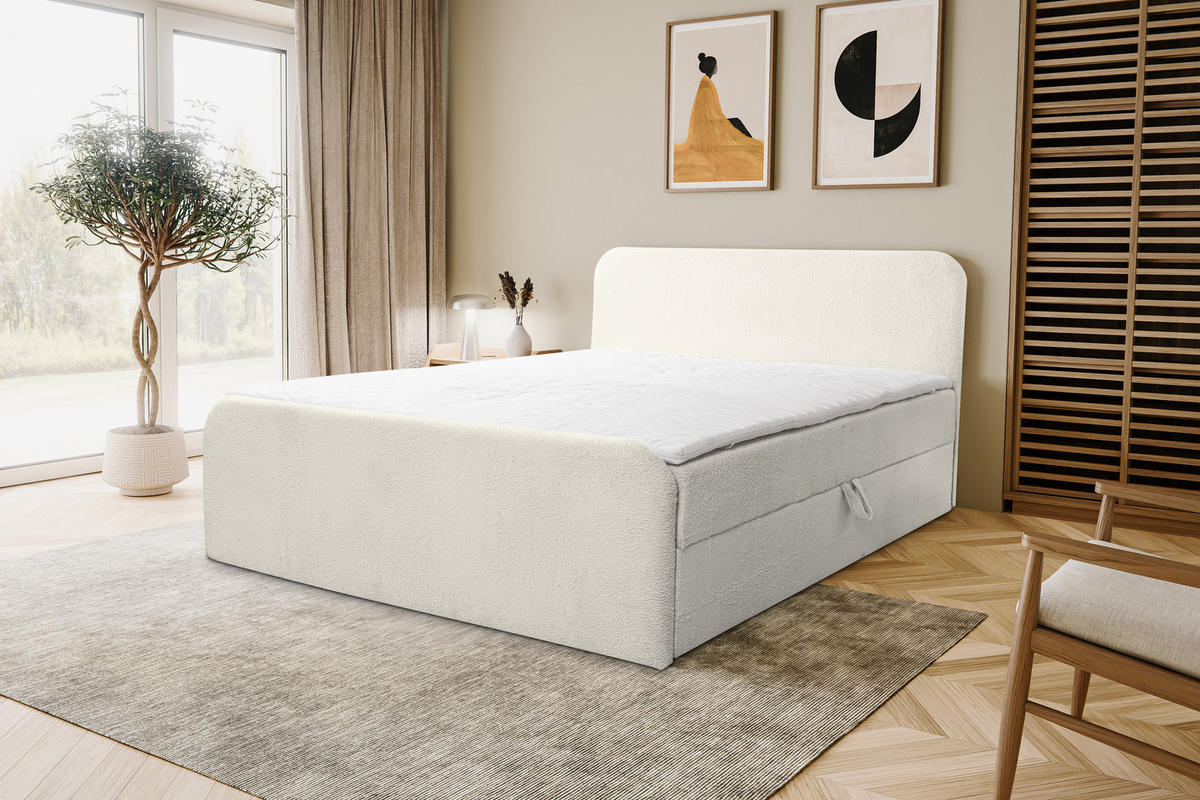 BOXBETT LAMBI mit 2 Bettkästen, 180x200, Farbe: Beige, Bouclé-Stoff, mit Bonell-Matratze inkl. Topper - Beige, Holz/Kunststoff (180/200cm) - VENASI MÖBEL