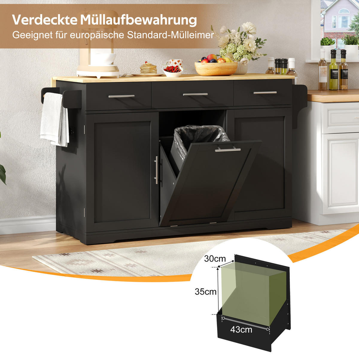 KÜCHENINSEL DE-41372 136/50-75/92 cm, klappbare Arbeitsplatte und Mülleimerschrank Schwarz - Schwarz, Holzwerkstoff (136/92/75cm) - ComfortXL