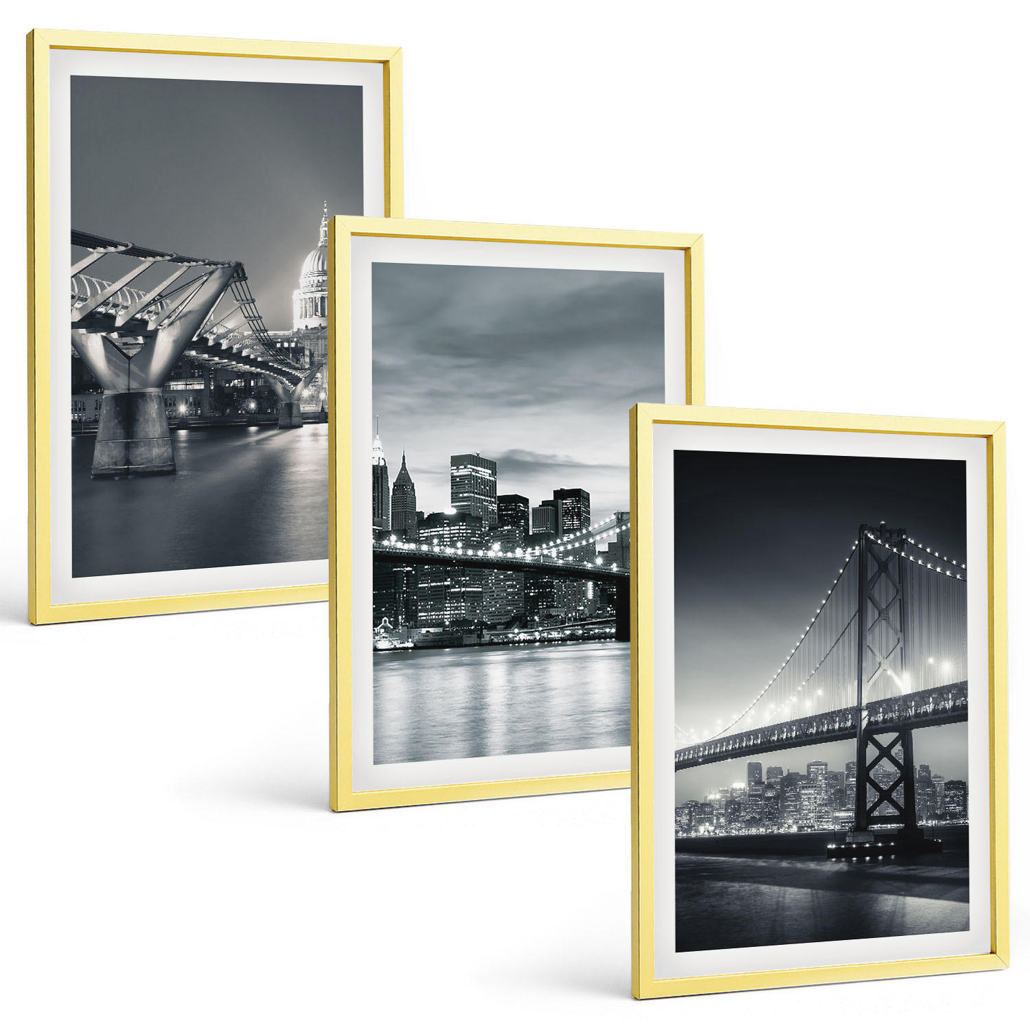 BILDER SET 3er Set - 40x60 cm Goldrahmen - Brücken, Stadtarchitektur, Grau - Goldfarben, Kunststoff (40/60cm) - TULUP