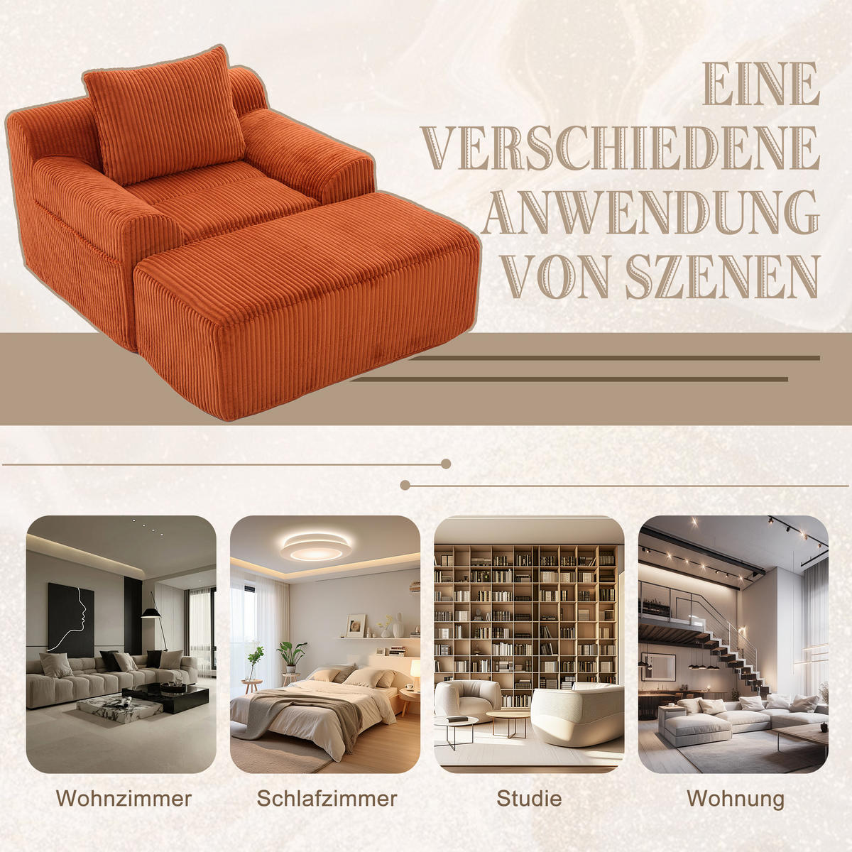 SESSEL mit Hocker in Cord Übergroßer Relaxsessel - Orange, Textil (147/67/110cm) - Urban Meuble