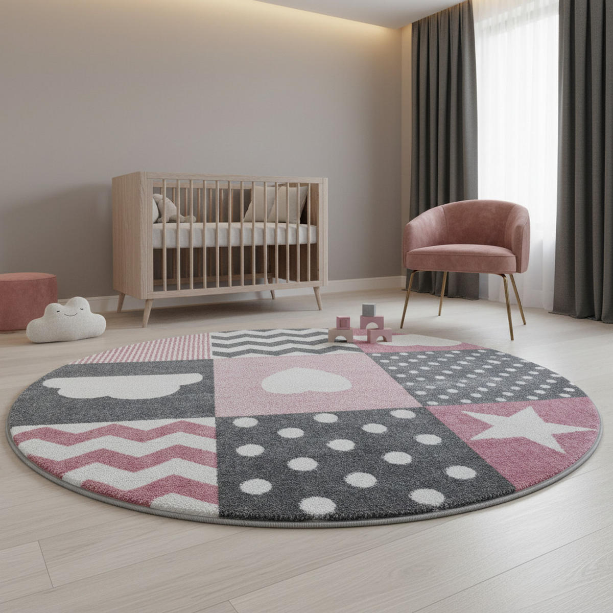 KINDERTEPPICH Herz-Stern Pflegeleicht Waschbar Kinderzimmer OEKO-TEX Rund Pink 160x160 cm – LAGO - Rosa, Textil (160/160cm) - KADIMA DESIGN