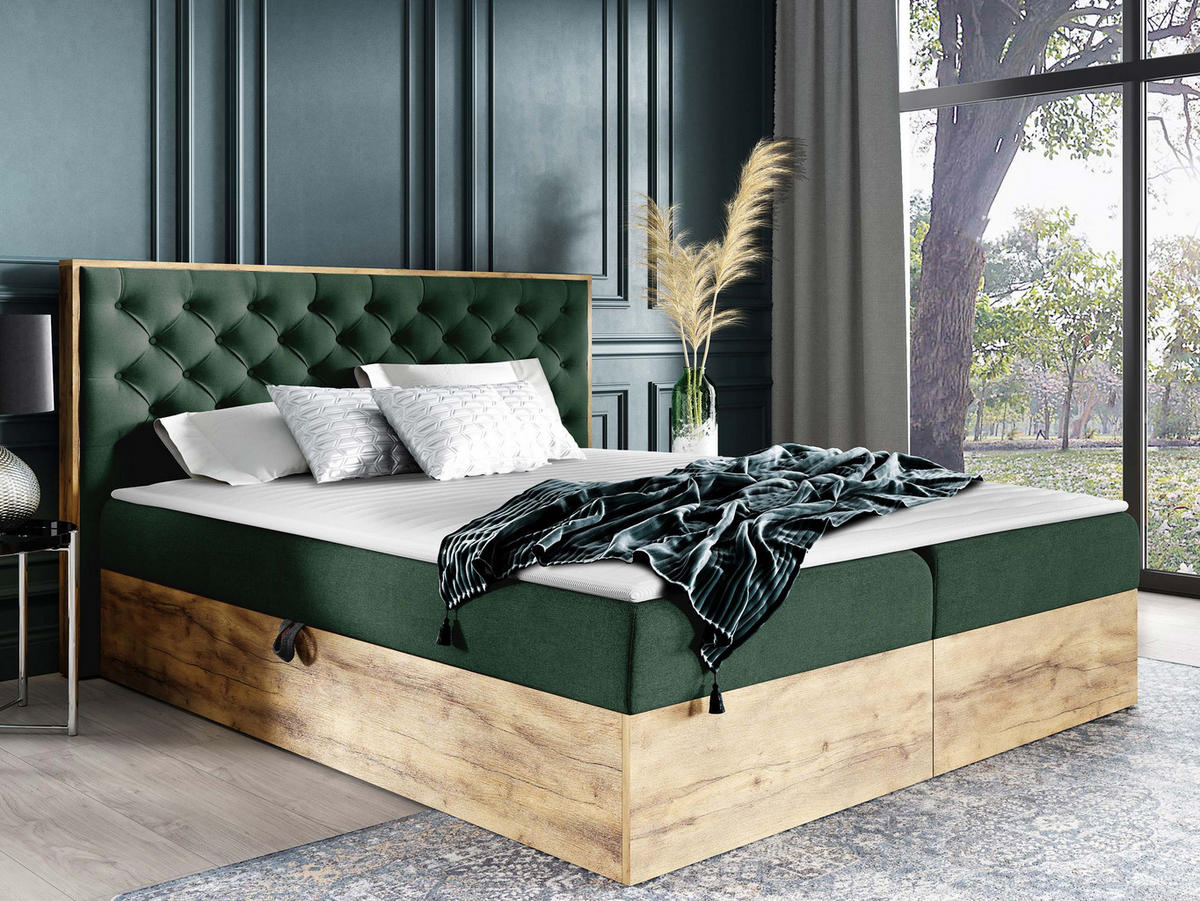 BOXBETT Wood 3 - Eiche Wotan/Grün, Holz/Textil (120/200cm) - MIRJAN24