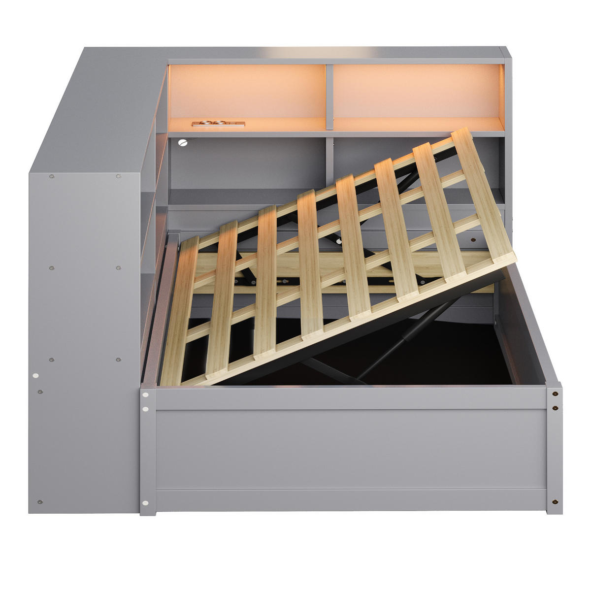 BETT mit hydraulischem Bett und LED-Beleuchtung Grau 90/200 cm - Grau, Holz (90/200cm) - OKWISH