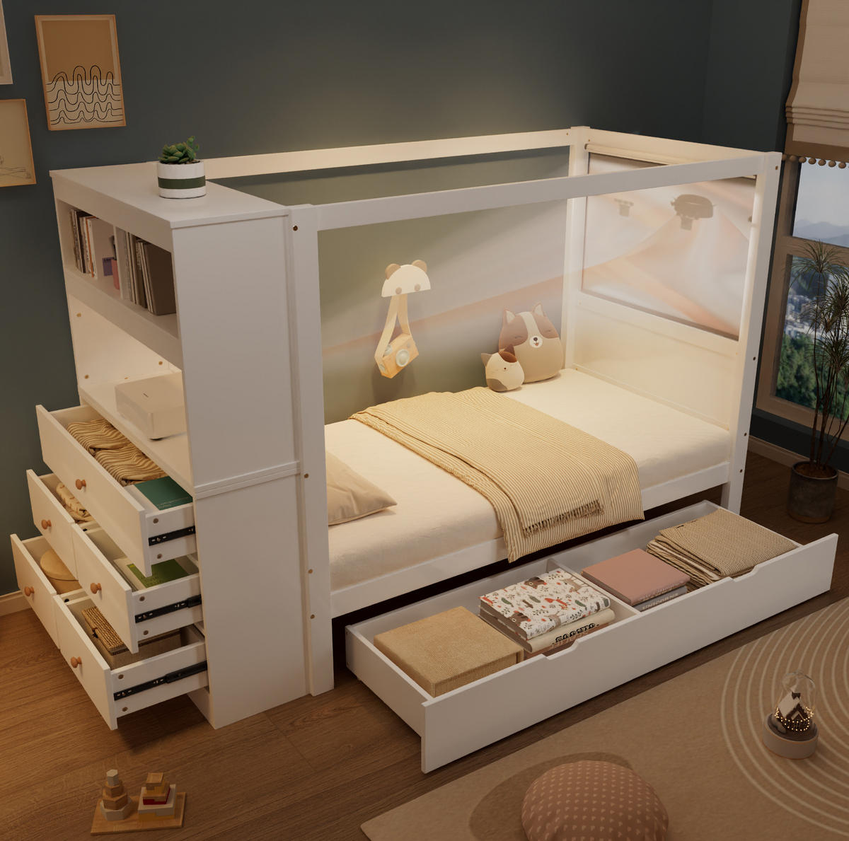 DETSKÁ posteľ 90/200 cm biela z masívneho dreva a MDF s úložným priestorom, zábranou a písacou plochou - biela, kompozitné drevo (90/200cm) - OKWISH