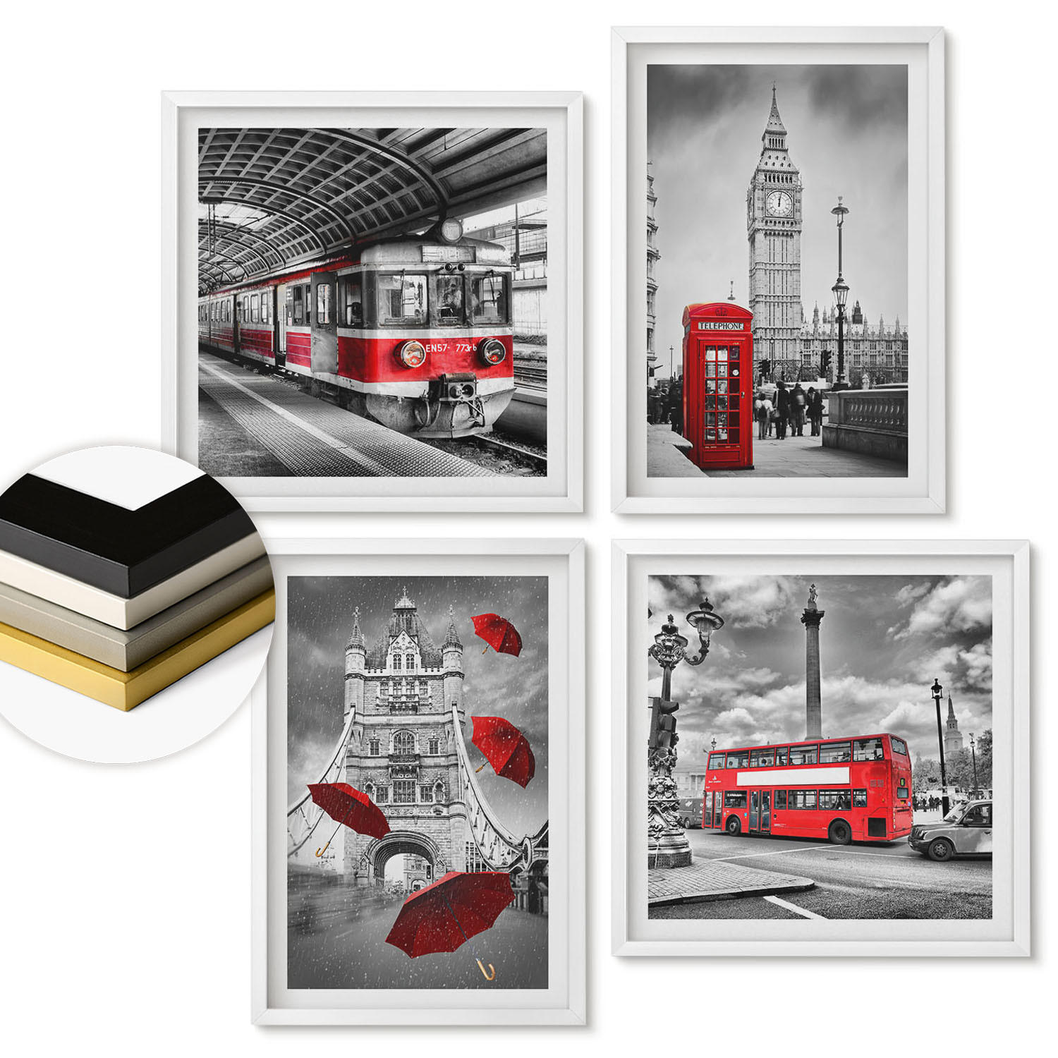 WANDBILDER 4er-Set - 50x50 cm & 40x60 cm Weißer Rahmen - Red Accents London - Weiß, Kunststoff (50/50cm) - ArtPrintCave