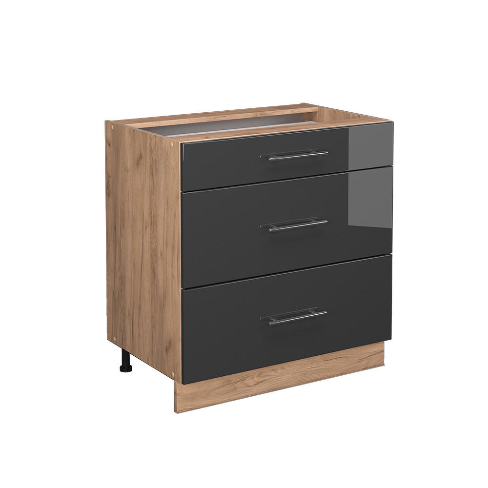 KÜCHENUNTERSCHRANK Fame-Line Anthrazit Hochglanz 80 cm mit 3 Schubladen ohne AP - Anthrazit/Eiche Wotan, Holzwerkstoff (80/82/51.6cm) - Vicco