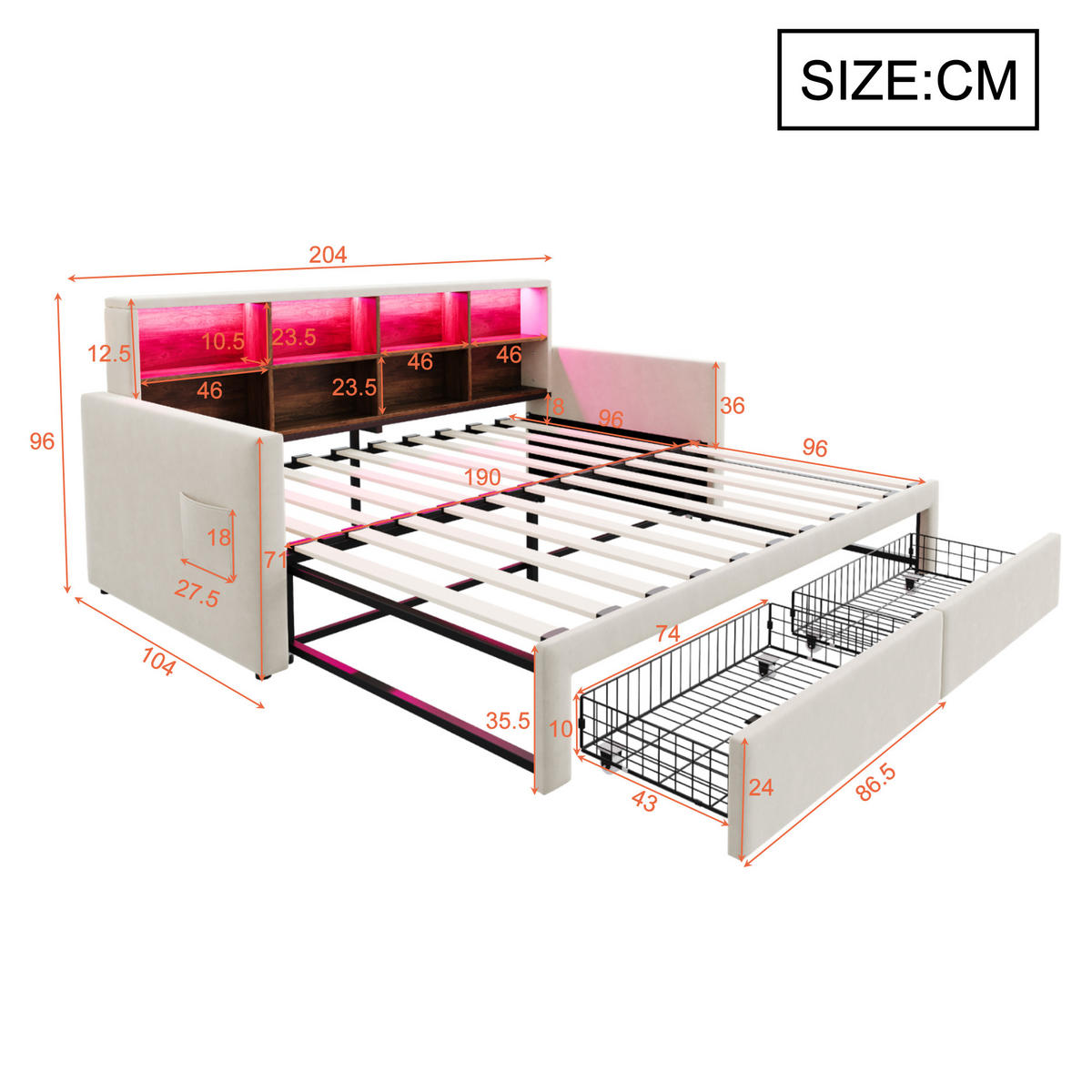 POLSTERBETT 90/190 cm Beige aus Samt mit Stauraum und LED-Beleuchtung - Beige, Textil (90/190cm) - OKWISH