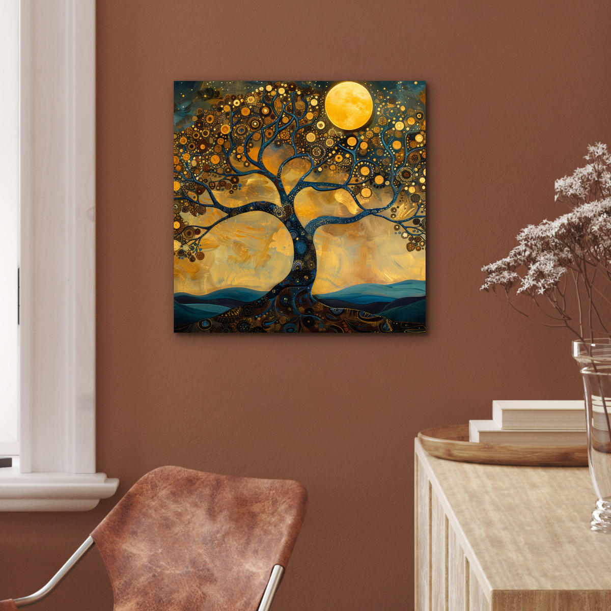 KOVOVÝ OBRAZ Strom - Mesiac - Kvety - Zlato - Umenie 50x50 cm - oranžová, kov (50/50cm) - MuchoWow