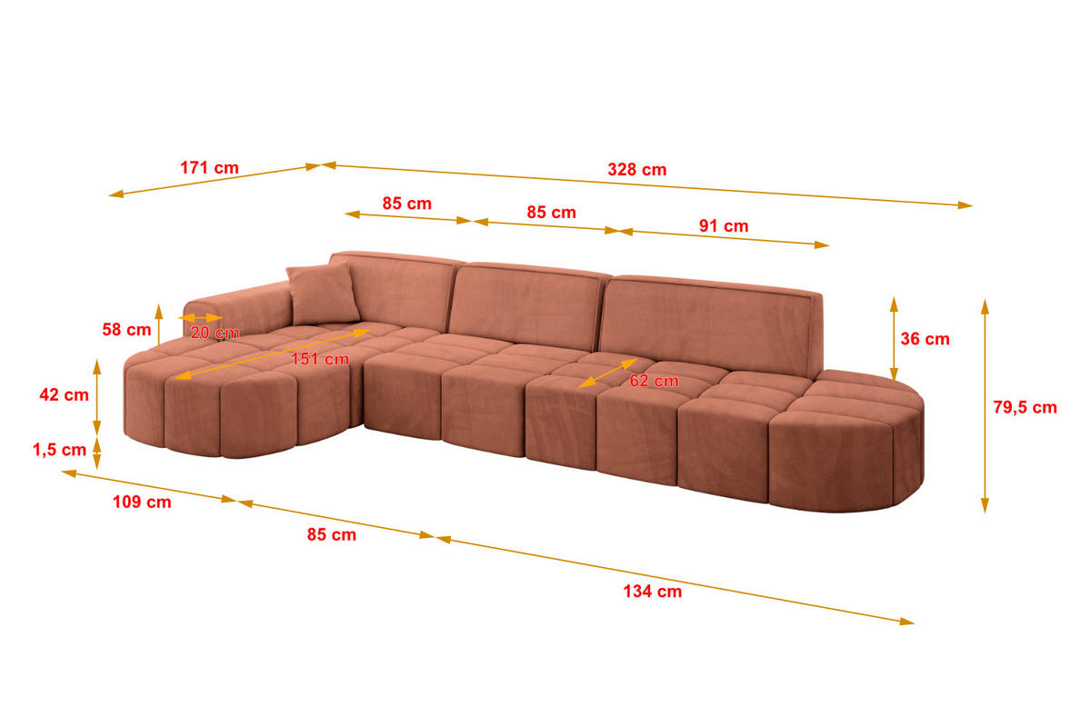ECKSOFA Ottomane Rechts LIVO-L2 - 337x173x79,5 cm Senfgelb - Currygelb/Gelb, Holzwerkstoff/Textil (337/173cm) - ALTDECOR