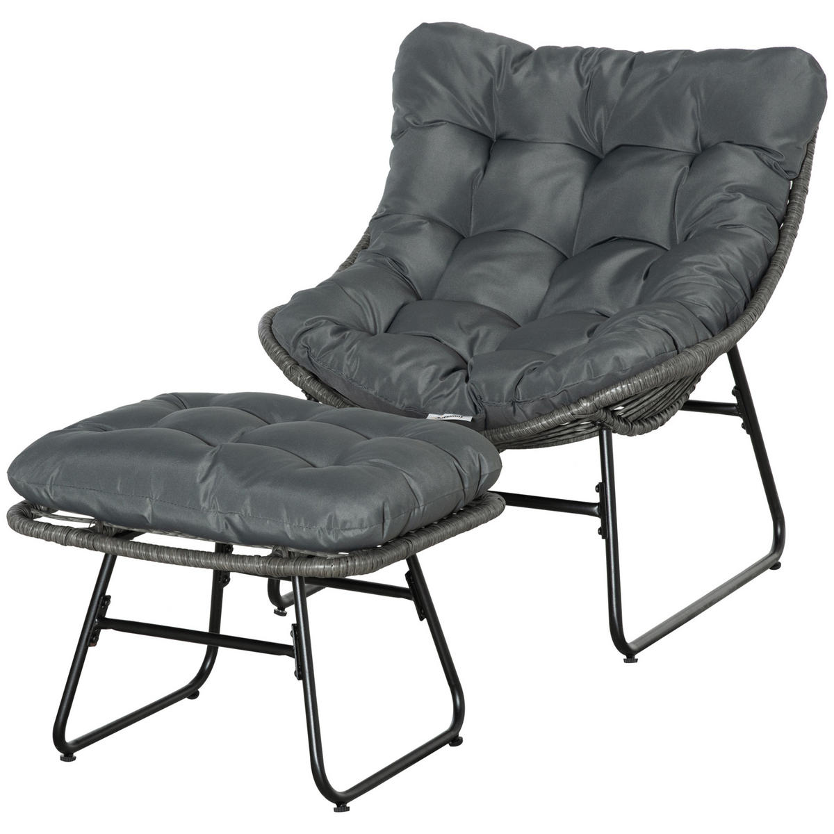 RELAXSESSEL DE-07563 mit Fußhocker, Rattan und dicken Kissen Grau - Grau, Kunststoff/Metall (76/70/69cm) - ComfortXL
