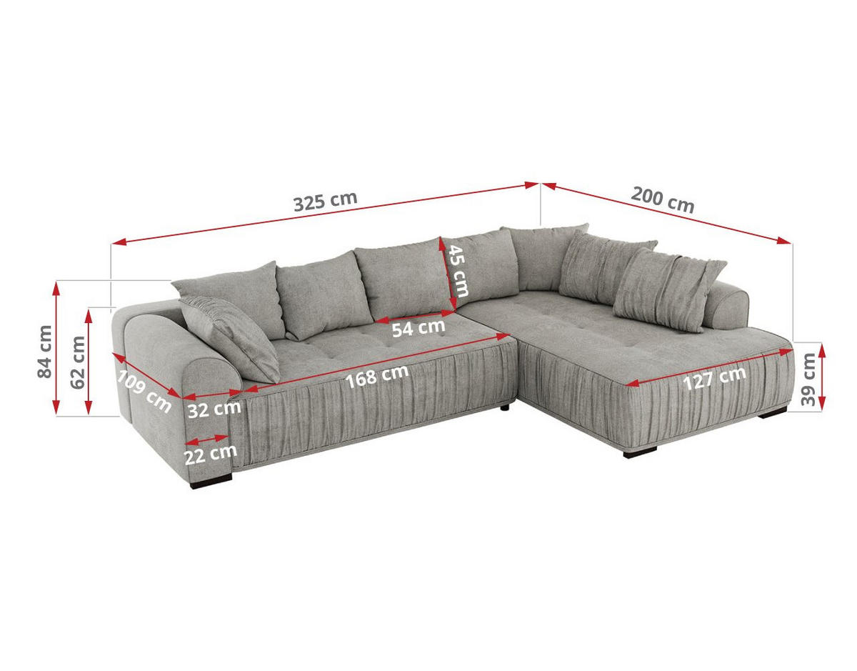 ECKSOFA ORTA Hellgrau Stukture - Links - Hellgrau/Schwarz, Textil (325/200cm) - MKS