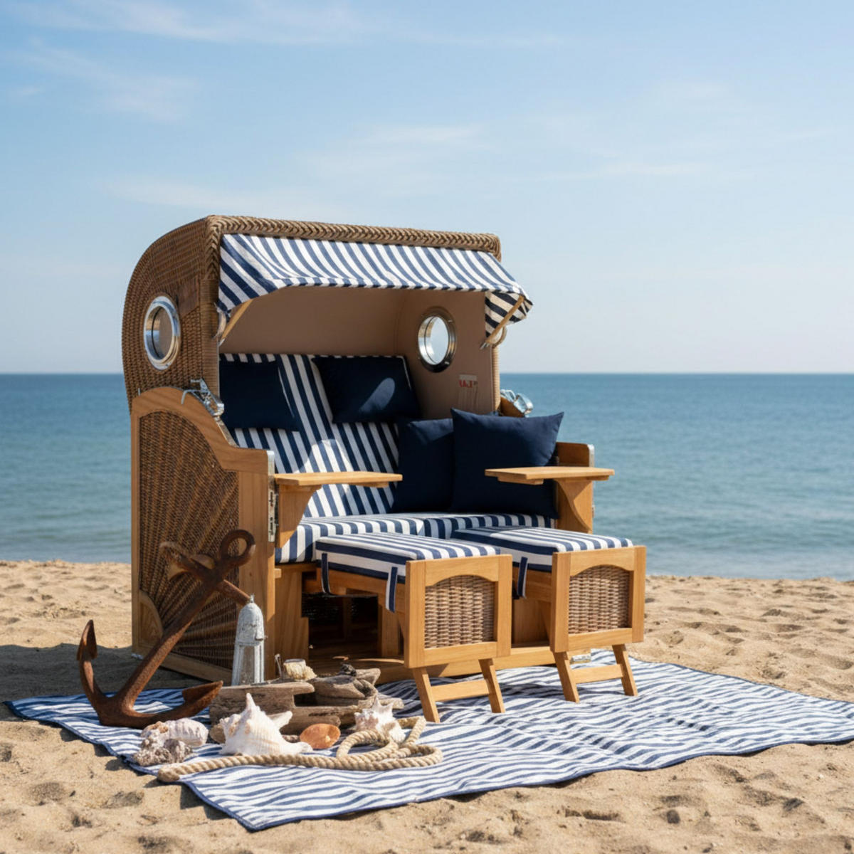 STRANDKORB XXL Düne Grande Teak Banana - Blau/Braun, Metall (142/170/95cm) - Mr. Deko