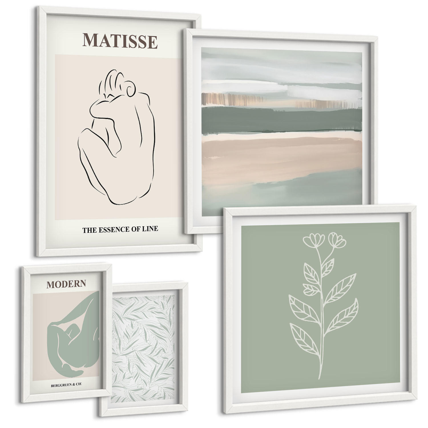 BILDER SET 5er Set - 50x50 cm & 20x30 cm & 40x60 cm Weißer Rahmen - Abstrakte Pflanzenformen - Weiß, Kunststoff (40/60cm) - TULUP