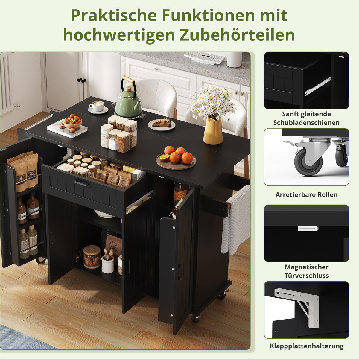 KÜCHENINSEL 120/45(70)/95 cm Schwarz mit Klappplatte, 4 Türen, 1 Schublade und Gewürzregalen - Schwarz, Holz/Holzwerkstoff (120/95/70cm) - Oxeza