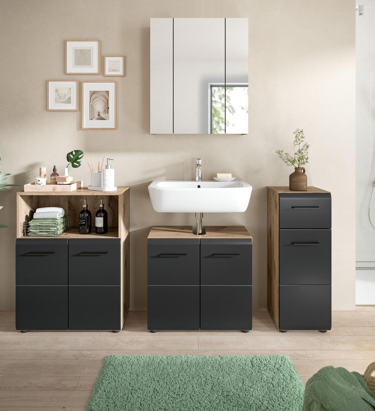 BADMÖBEL-SET 4-teilig schwarz matt, Eiche Nox, Badezimmer mit viel Stauraum, 180 x 185 cm - Eichefarben/Schwarz, Glas/Holzwerkstoff (180/185/30cm) - Inn.Furn