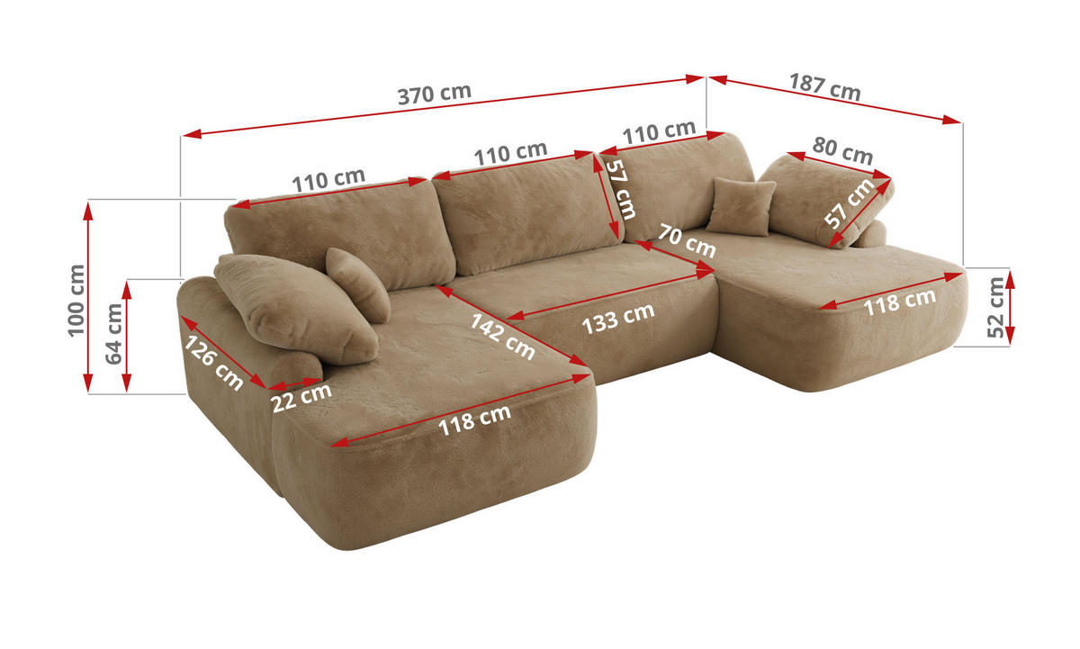 WOHNLANDSCHAFT CUBO U Beige Plüsch - Beige/Schwarz, Kunststoff/Textil (370/100/187cm) - MKS