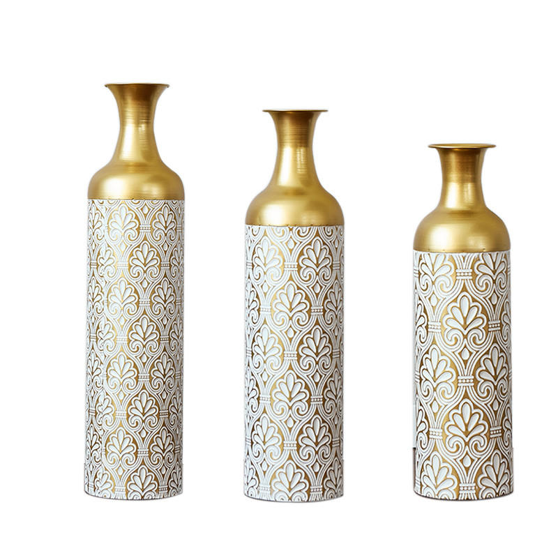 BODENVASE 3-tlg 50/66/83cm Bodenvase-Gold Metallvase mit Punkte-Muster Vintage-Übertopf - Goldfarben, Metall (91.45cm) - Raelunyi