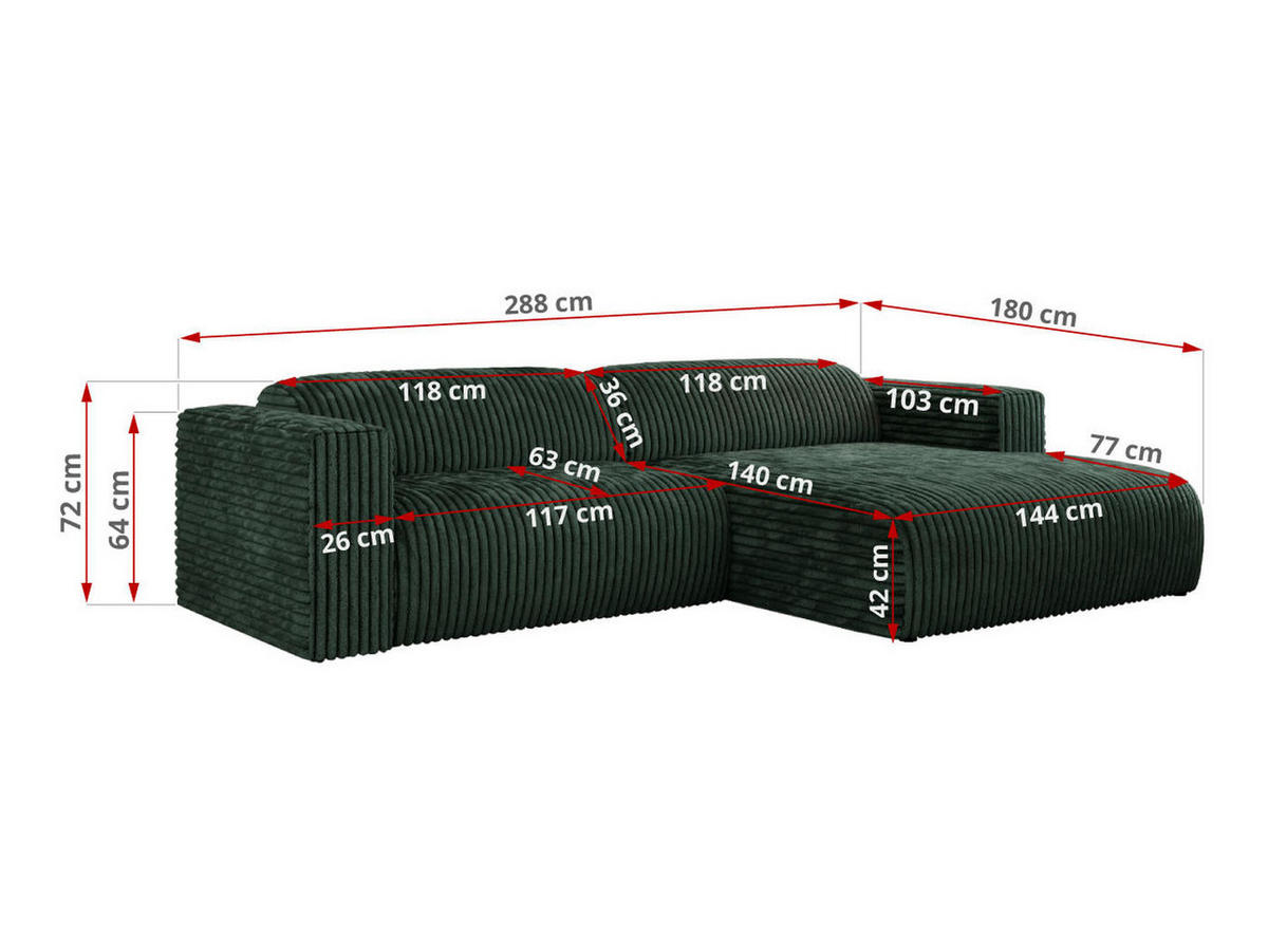 ECKSOFA PASADENA Grün Cord - Rechts Seite - Schwarz/Grün, Kunststoff/Textil (180/288cm) - MKS