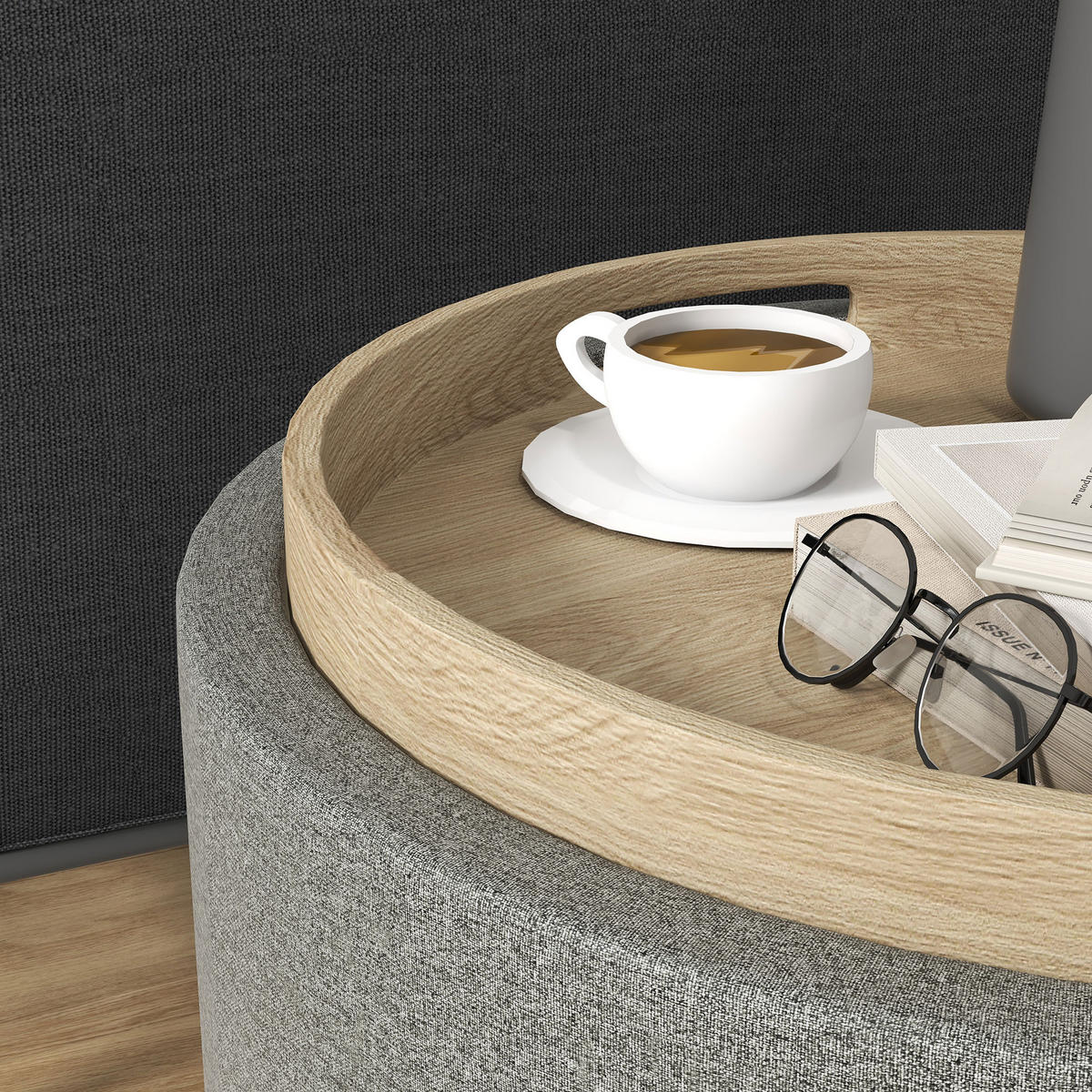 HOCKER DE-07103 mit verstecktem Stauraum, umkehrbarer Deckel, Leinenoptik Grau/Natur - Grau, Holzwerkstoff (56/42/56cm) - ComfortXL