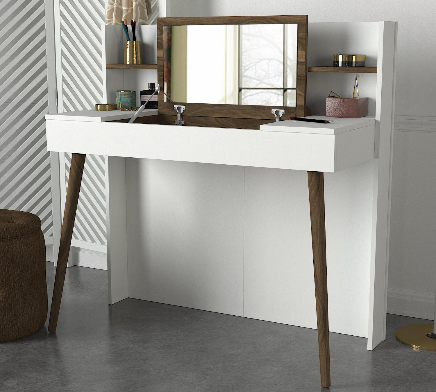 Thumbnail - moebel17 Schminktisch, Weiß, Braun, Holzwerkstoff, Holz Optik, Abstrakt, Rechteckig, 116x120x52 cm, Schlafzimmer, Schmin...